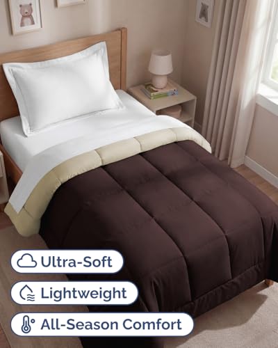 Image of Twin Size, Brown /Beige Alternative Down Comforter - Warm, Lightweight & Breathable Hotel Quality Bedding for Men, Women, Kids & Teens - All Season Oversized Cooling Microfiber Duvet Insert Comforter