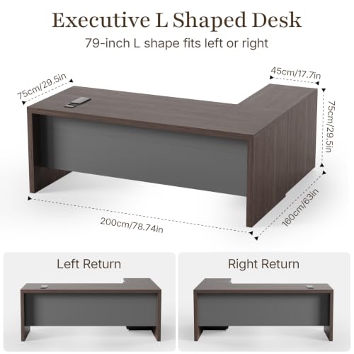 Image of 79 inch L-Shaped Executive Desk, Reversible Return with Power Outlet, Walnut