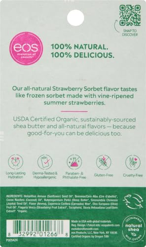 Image of eos 100% Natural & Organic Lip Balm Sticks - Strawberry Sorbet, All-Day Moisture for Sensitive Skin, Dermatologist Recommended, 0.14 oz, 4-Pack