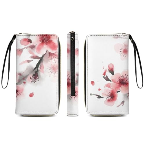 Watercolor Pink Cherry Florals Leather Wallet Smooth Zip Around Clutch Wristlet Travel Long Soft Purse for Women3