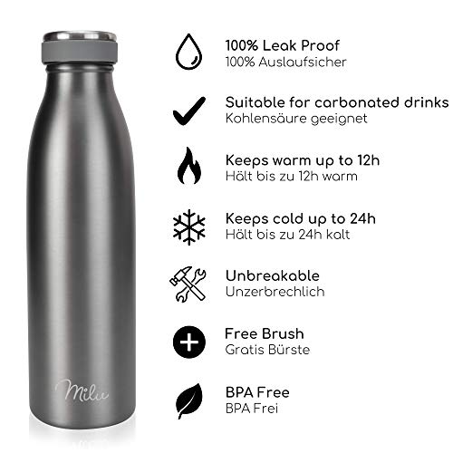 Milu Termo Botella de Agua 500ml, 750ml, 1l - Acero Inoxidable - Aislamiento de Vacío de Doble Pared - Libre BPA (Gris… - Imagen 3