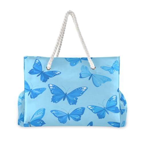 ATTX Blue Butterflies Beach Bags for Women - Large Beach Bags with Zipper Waterproof Sandproof Swim Pool Bag Large Tote#2722