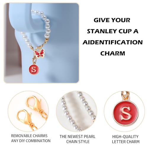 Image of Accessories for Stanley Cup Pearl Chain Initial Accessoriess for Handle Stuff Decor Water Bottle Jewelry Tumbler Cute Simple Modern Personalized Name ID Decorations Letter Red Tag S
