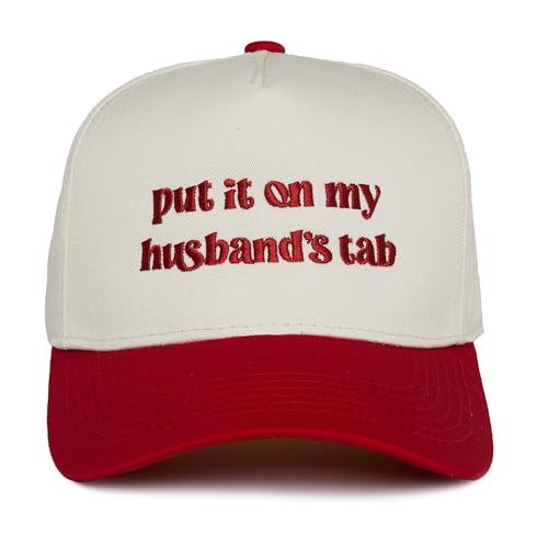 Funky Junque Cute Vintage Red Trucker Hat for Women Embroidered Adjustable Two Tone Snapback Baseball Cap - Put It on My Husbands Tab - Beige/Red