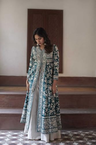 Image of Women's Cotton Embroidery A-line Kurti with Palazzo Set (Green-XL)