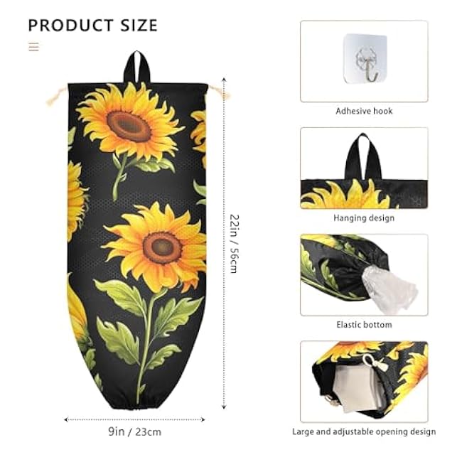 RunningBear Flowers Black Sunflowers Plastic Bag Holder Large Grocery Bag Holder Wall Mount Plastic Bag Holders Plastic Bag Organizer Dispenser for Kitchen Closet,1 Pack