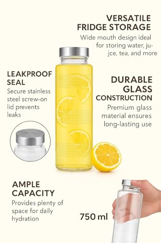Image of Glassbunny 750ml Leak-Proof Airtight Stainless Steel Lid Glass Water Bottles for Water, Smoothie, Juices - Reusable Travel Drinking Fridge Bottles Pack of 3
