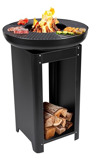 BBQ Collection 3-in-1 Feuerschale mit Grillrost - Feuerkorb 61 x 90 cm - Outdoor Küche mit Teppanyaki und BBQ Grillplatte - Plancha BBQ mit Holzlagerplatz...