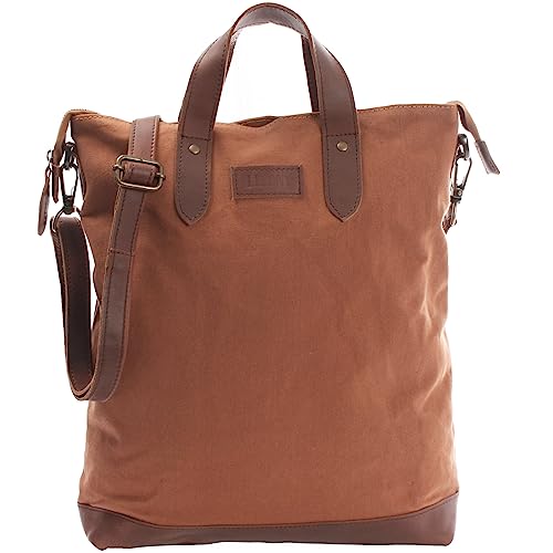 LECONI Shopper Leder + Canvas Vintage-Look Umhängetasche für Damen Henkeltasche große Beuteltasche DIN A4 Damentasche Handtasche 39x45x10cm LE0037-C, Cognac / Braun,