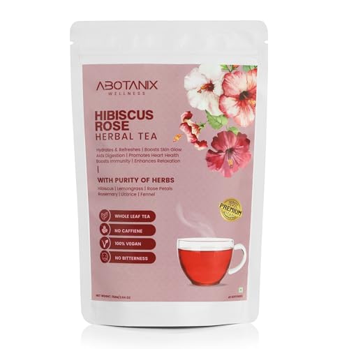 Image of ABOTANIX HIBISCUS ROSE Herbal Tea 75g ( 40 Cups ), Premium Tea with Hibiscus, Lemongrass, Rose Petals, Rosemary, Fennel, Helps in Skin Glow, Promotes Heart Health, Stress Relief & Caffeine Free, No Sugar