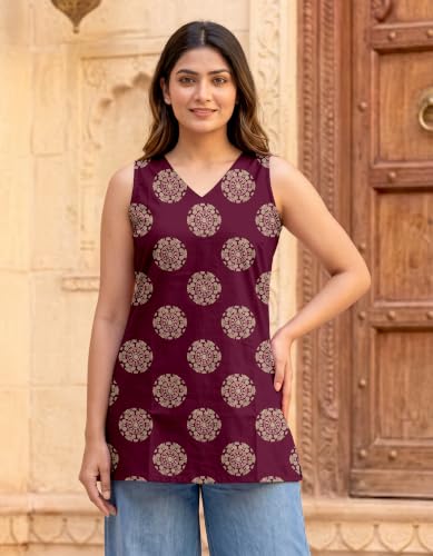 Image of Women's Printed Sleeveless Cotton Kurti Top with V-Neck, Straight Fit Casual Ethnic Tunic for Office, Daily & Casual Wear