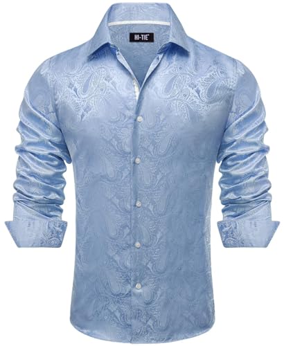Hi-Tie Silk Mens Paisley Dress Shirts Casual Long Sleeve Button Down Regular Fit Shirts Formal Wedding Party Business2