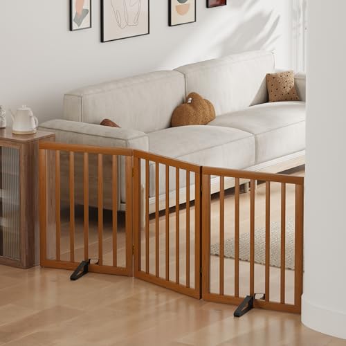 Dog Gates for Doorways Foldable Dog Gate Indoor Freestanding Pet Gates for Doorways Bedroom Puppy Gate with Metal Support Feet Room Divider 3 Panels (Walnut)
