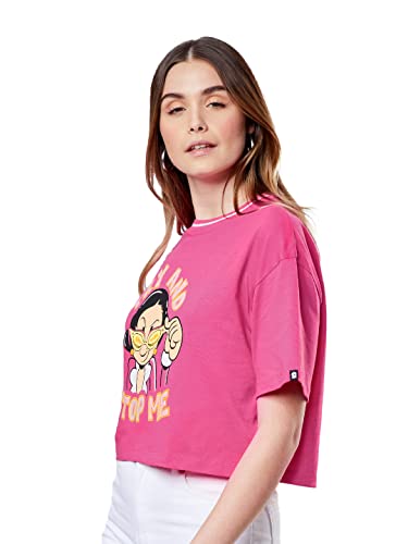 Image of The Souled Store|Official Popeye: Try and Stop Me Women and Girls T-Shirts|Half Sleeve|Loose Fit Graphic Printed|Round Neck 100% Cotton Pink Women Oversized Crop Tops