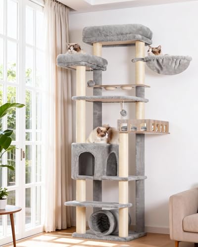 Gitelsnour Cat Tree with Tunnel, Cat Tower for Indoor Cats, Tall Cat Tree Tower with Cat Condo, Food Station, Large Platform, Scratching Posts, Hammock, Light Gray GCT021W