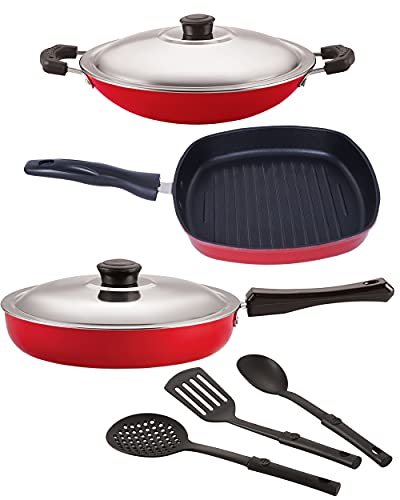Nirlon Aluminium Nonstick Coated 6 Pcs Set of Appachatti-22.5cm, Grill Pan-22.5cm, Fry Pan-24cm & 3 Spoon (2.6mm_AC_GP(22.5)_FP12_3SPN)