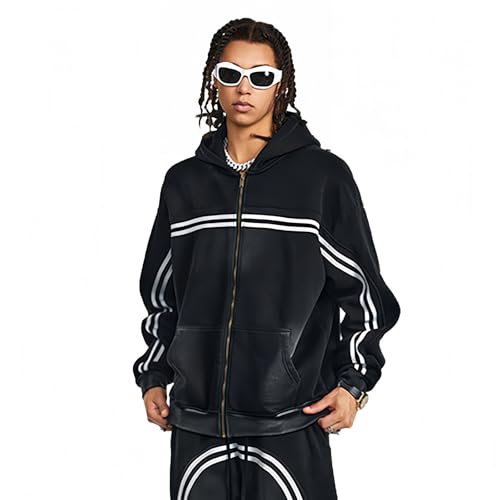 Mens Zip Up Hoodie Oversized Acid Wash Heavyweight Fleece Cotton Contrasting Stripe Zipper Hoodie Vintage