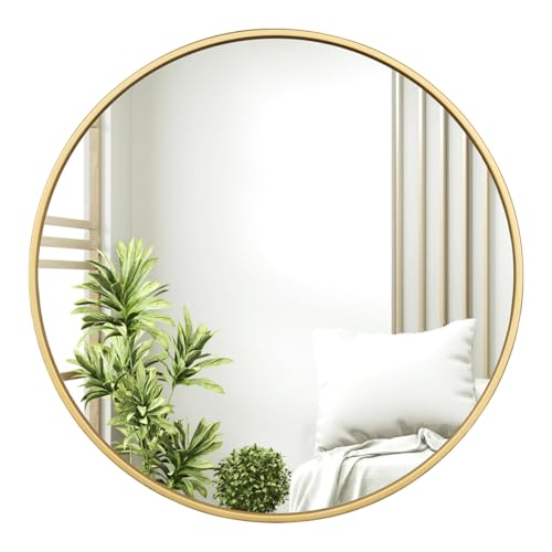 WOLTU Espejo Pared, Espejo Baño, Espejo Decorativo de Baño o Tocador con Marco Metálico Dorado, Cristal HD sin Distorsión, Estilo Moderno para Dormitorio, Entrada o Salón, 81cm