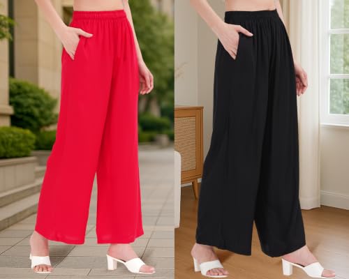 Image of Buy That Trendz Palazzo Pants for Women Cotton Rayon Elasticated Regular Fit Flared Wide Leg M to 6XL Pack of 2