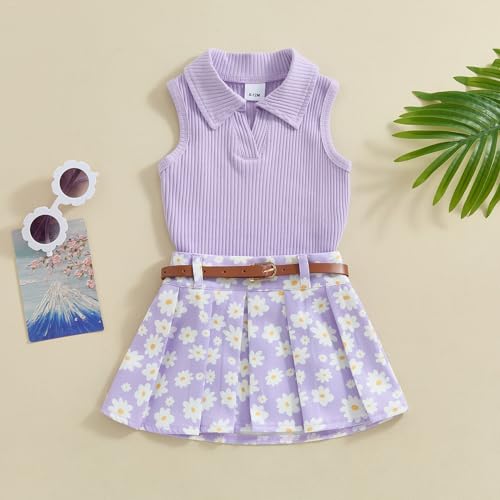 Image of BeQeuewll Toddler Baby Girl Summer Clothes Daisy Flower Girl Outfit Knit Shirt Mini Pleated Skirts Set Outfits for Grils1-4T (Purple, 3-4 Years)