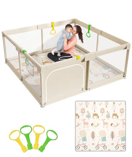 Image of Mloong Baby Playpen with Mat - 59x59 Inches Extra Large Playpen for Babies and Toddlers, Indoor & Outdoor Activity Center, Safety Baby Fence