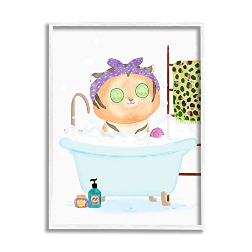 Stupell Industries Children's Tiger Bubble Bath Cute Safari Animal Bathroom White Framed Wall Art, 16 x 20