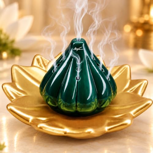 Image of SIGNAMIO Ceramic Sambrani Dhoop Doopam Dhupam Stand Holder -Gold Dark Green