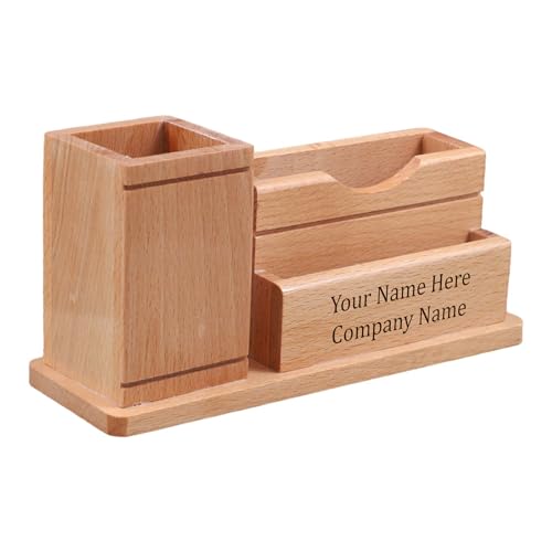 Image of Deskart Customized Multipurpose Pen Holder Stand | Premium Wooden Desk Organizer with Business Visiting Card and Mobile Holder