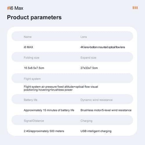 Table showing product parameters for the i6 MAX drone, including lens type, folding and expand sizes, flight system, battery life, signal distance, and charging method.