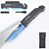 SHUBHADA Folding Pocket Knives,Multi Function Emergency Tool Knives, Led Light,Magnesium fire starter,Seatbelt cutter,Glass breaker,Bottle opener (Blue Titanium)