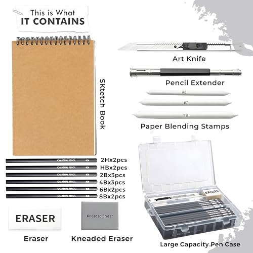 Image of DaKos Professional Sketching Pencil Set for Artists - Complete Drawing Kit with Graphite Pencils Set & Carry Box, Art Supplies for Shading & Sketching with A5 Sketchbook (23 Pcs)