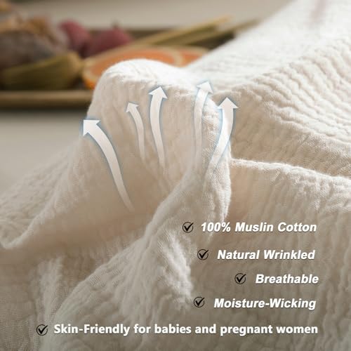 Image of VM VOUGEMARKET Beige Duvet Cover Queen Size - 3 Pieces Muslin Cotton 3-Layer Guaze Textured Bedding Set,Includes 1 Duvet Cover 90x90 Inches with Zipper Closure & 2 Pillowcases