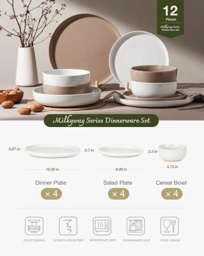 Image of Famiware Milkyway Plates and Bowls Sets, 12 Pieces Stoneware Dinnerware Sets, Dishes Set for 4, White & Cinnamon Brown