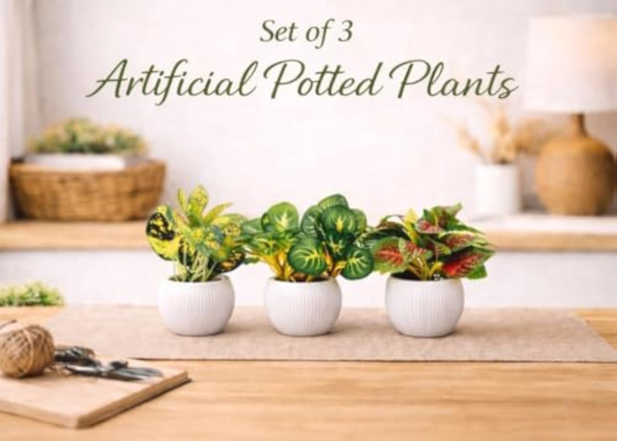 Artificial Potted Plants with Textured White Pots, Set of 3