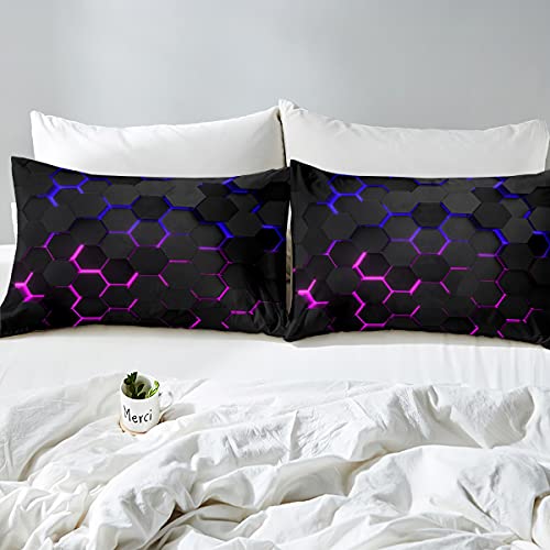 Image of Honeycomb Hexagon Bed Sheets Kids Boys Blue Purple Neon Lights Sheet Set 3 Pcs Child Modern Sheets Set + Deep Pocket Fitted Sheets + Chic Creative Flat Sheet 1 Pillow Sham,Twin Size