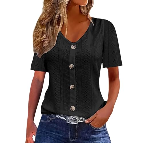Generisch 2026 Elegante blusa de manga corta de color sólido con cuello jacquard y tira de botones para otoño. Un modelo casual para mujer., Negro , S