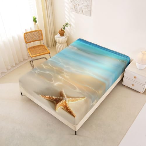 Image of jejeloiu Beach Scenery Bed Sheets Set Full Size Ocean Bed Set Coastal Nautical Deep Pocket Fitted Sheet Starfish Seashell Conch Breathable Soft Lightweight Microfiber