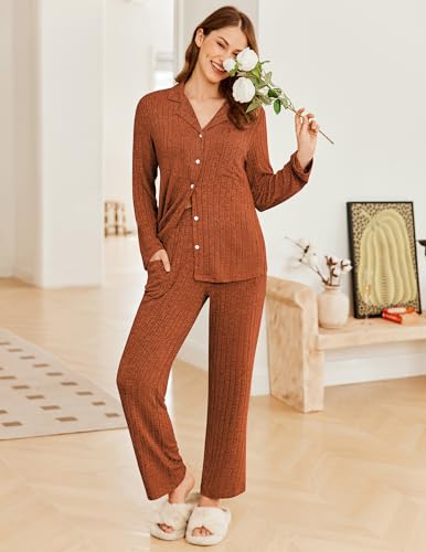 Ekouaer Womens Ribbed Knit Pajama Sets 2 Piece Lounge Set Long Sleeve Button Down Pjs Sleepwear Set with Pockets2