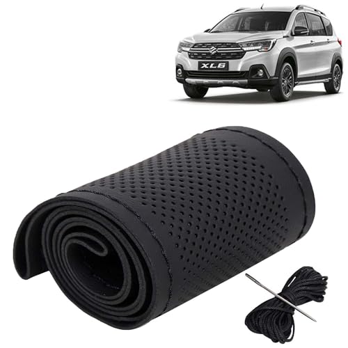 Image of KINGSWAY PU Leatherite Car Steering Cover Sewable Compatible with Maruti Suzuki XL6 (Year 2019-2022), Black Color with Black Thread, Pack of 1 with Sewing Needle and Thread