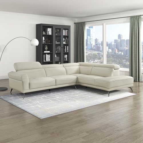 Lexicon L-Shaped Sectional Couch with Right Chaise, Top Grain Leather Match Sectional Sofa, Adjustable Headrests, Black Chrome Metal Legs, High-Density Cushions, Stitching, for Living Room, Beige