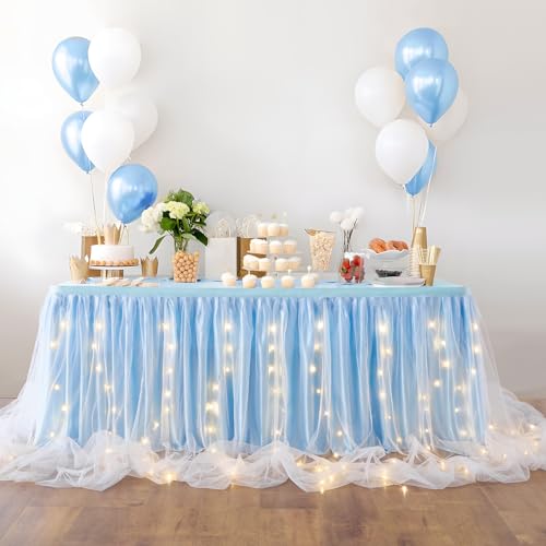 Leegleri Baby Blue Tulle Tutu Table Skirt With LED for Baby Shower, Wedding, Birthday Party - 14 ft for Rectangle or Round Tables
