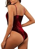 Nihsatin Women's Sexy V-Neck Velvet Bodysuits Spagetti Strap Slim Fit High Cut Leotard Tops