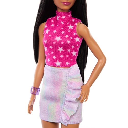 Image of Barbie Fashionistas Doll #215 with Black Straight Hair, Pink Star-Print Top & Iridescent Skirt, 65th Anniversary Collectible Fashion Doll