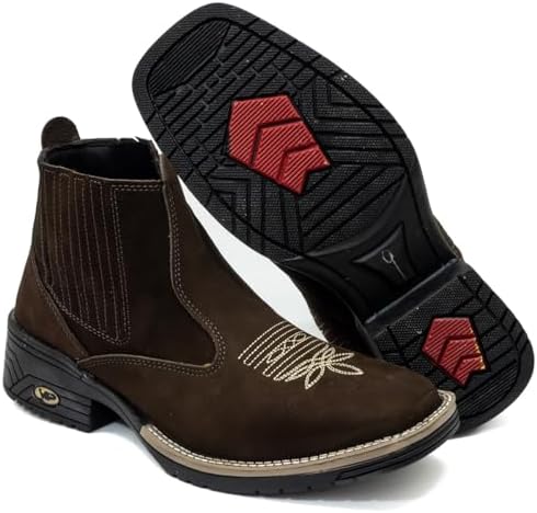 Bota Bico Quadrado em Couro Nobuck, Estilo Country Western com Bo...