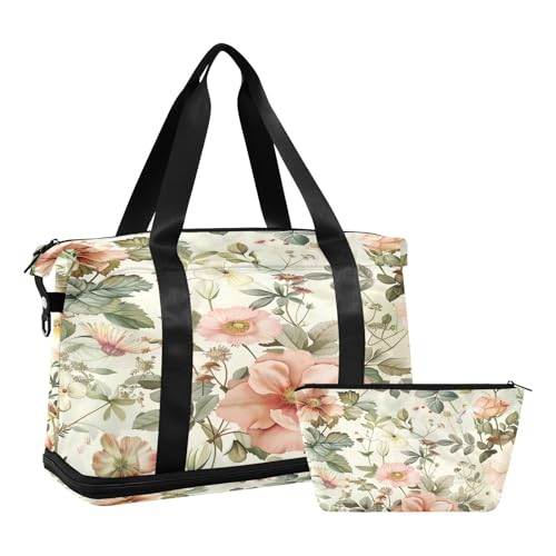 Watercolor Floral Pattern Gym Bag for Women Sport Travel Duffel Bag Shoulder Weekender Overnight Bags with Wet Pocket & Shoe Compartment