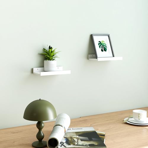 Image of Small White Floating Shelves for Wall, Shelf with Lip Set of 2, 8 in | Mini Display Ledge Shelf for Wall Decor, Wall Mounted Wood Shelves for Bedroom, Bathroom, Living Room, Kitchen, Nursery Room