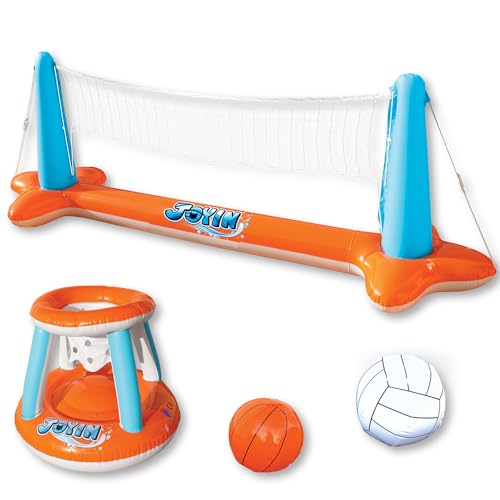 JOYIN Aufblasbare Pool Float Set, Volleyballnetz & Basketballkörbe & Bälle für Kinder und Erwachsene, Wasserspielzeug Poolspielzeug Volleyball Basketball Pool Spielzeug, Wassersport Sommerspielzeug