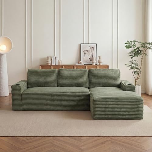 Image of 104 inch L Shaped Boneless Sectional Couches for Living Room, Comfy Corduroy Floor Cloud Sofa with Chaise and Cup Holder, Wide Armrest, Deep Seat, Assembly Free, Ideal for Small Spaces, Green