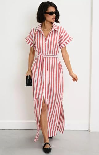 Image of chouyatou Women's Summer Short Sleeve Striped Shirt Dress Beach Maxi Long Belted Casual Button Down Dress