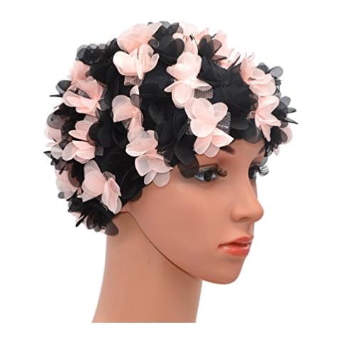 Medifier Lace Vintage Swim Cap Floral Petal Retro Style Bathing Caps for Women Rose Pink and Black Cover